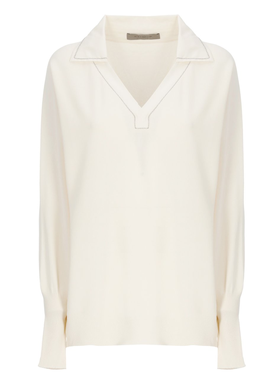 D-Exterior Ivory Embellished Viscose Long-Sleeve Polo Shirt Wit