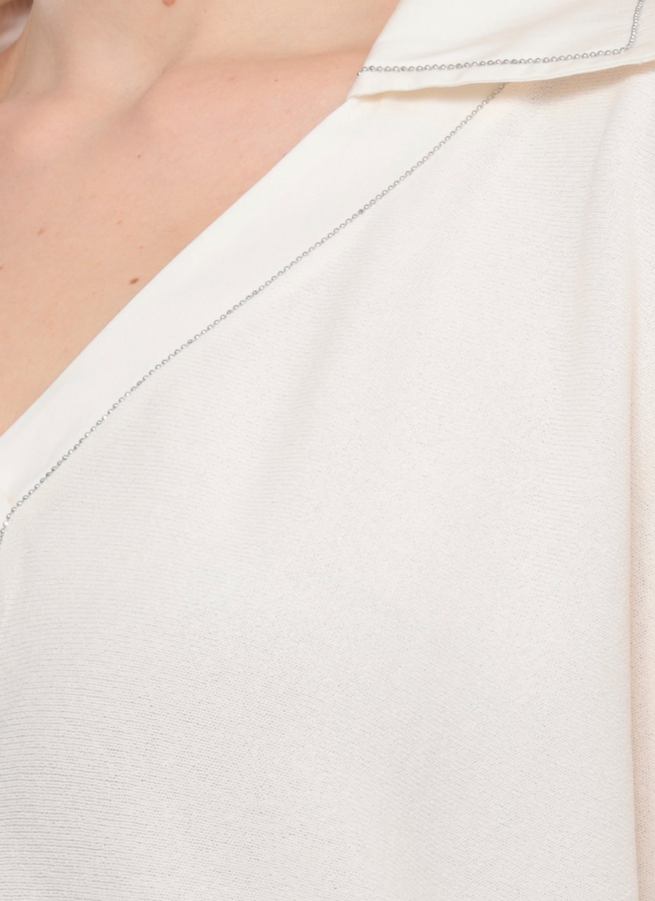 D-Exterior Ivory Embellished Viscose Long-Sleeve Polo Shirt Wit