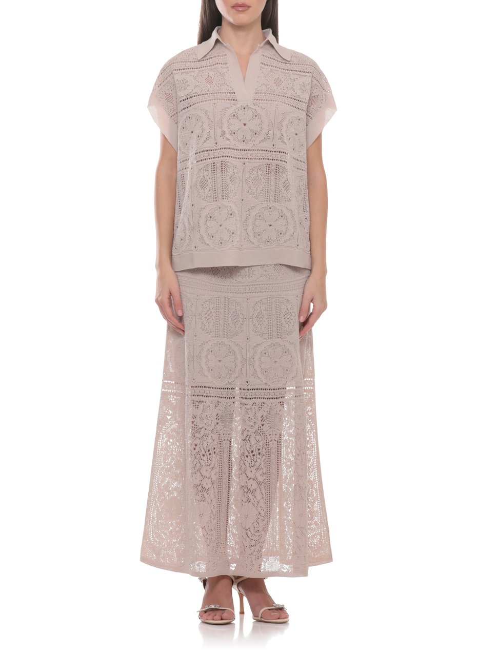D-Exterior Beige Lace V-Neck Polo Shirt Neutraal