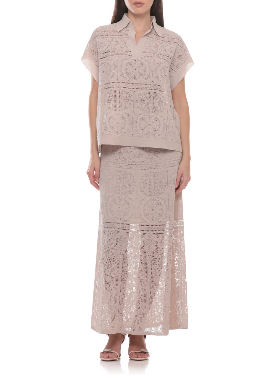 D-Exterior Beige Lace V-Neck Polo Shirt Neutraal