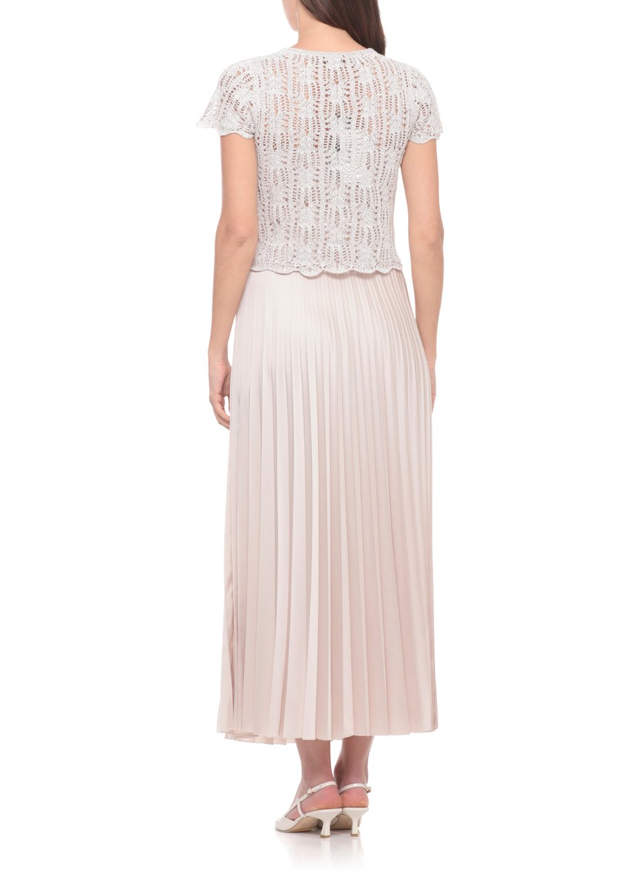 D-Exterior Ivory Viscose Midi Dress With Knit Sequin Top And Pleated Satin Skirt Neutraal