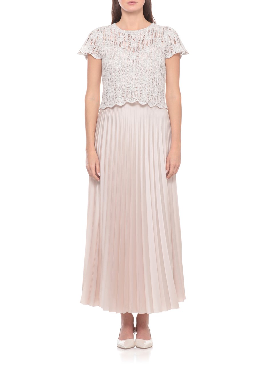 D-Exterior Ivory Viscose Midi Dress With Knit Sequin Top And Pleated Satin Skirt Neutraal
