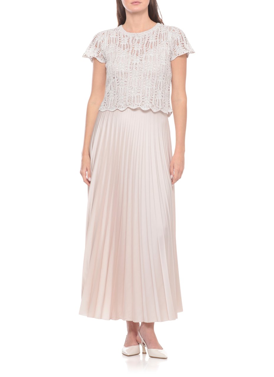 D-Exterior Ivory Viscose Midi Dress With Knit Sequin Top And Pleated Satin Skirt Neutraal