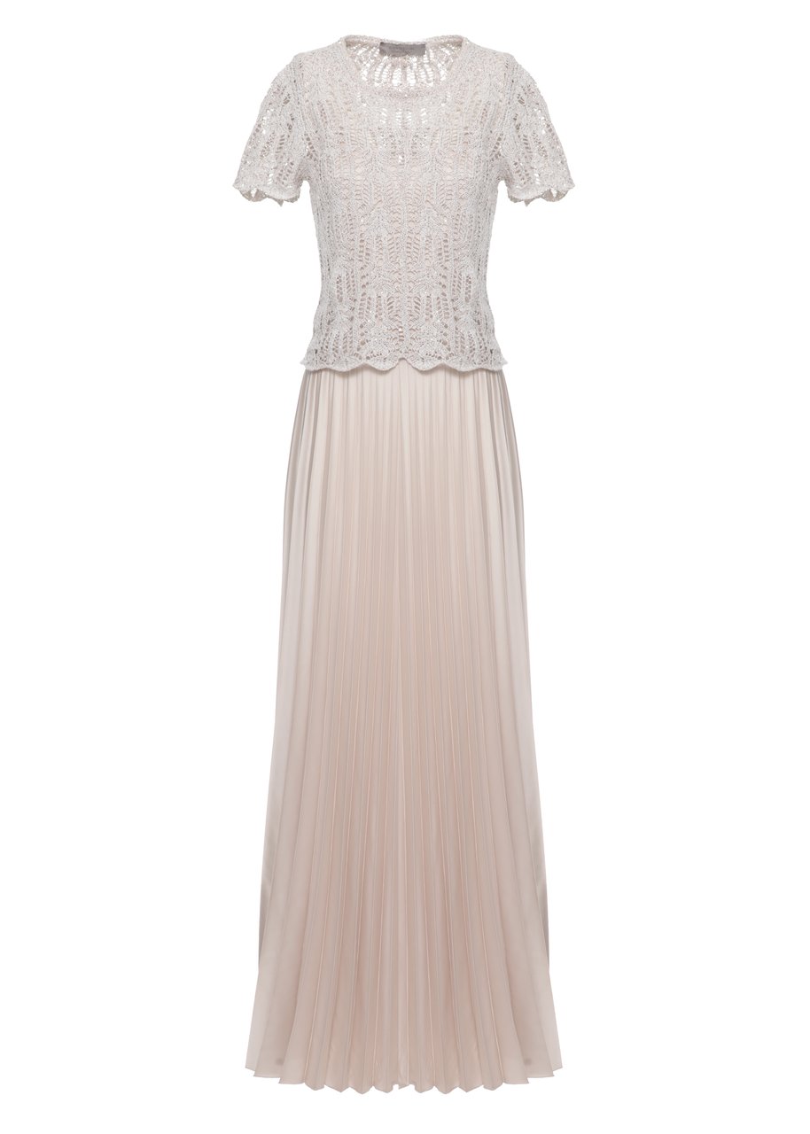 D-Exterior Ivory Viscose Midi Dress With Knit Sequin Top And Pleated Satin Skirt Neutraal