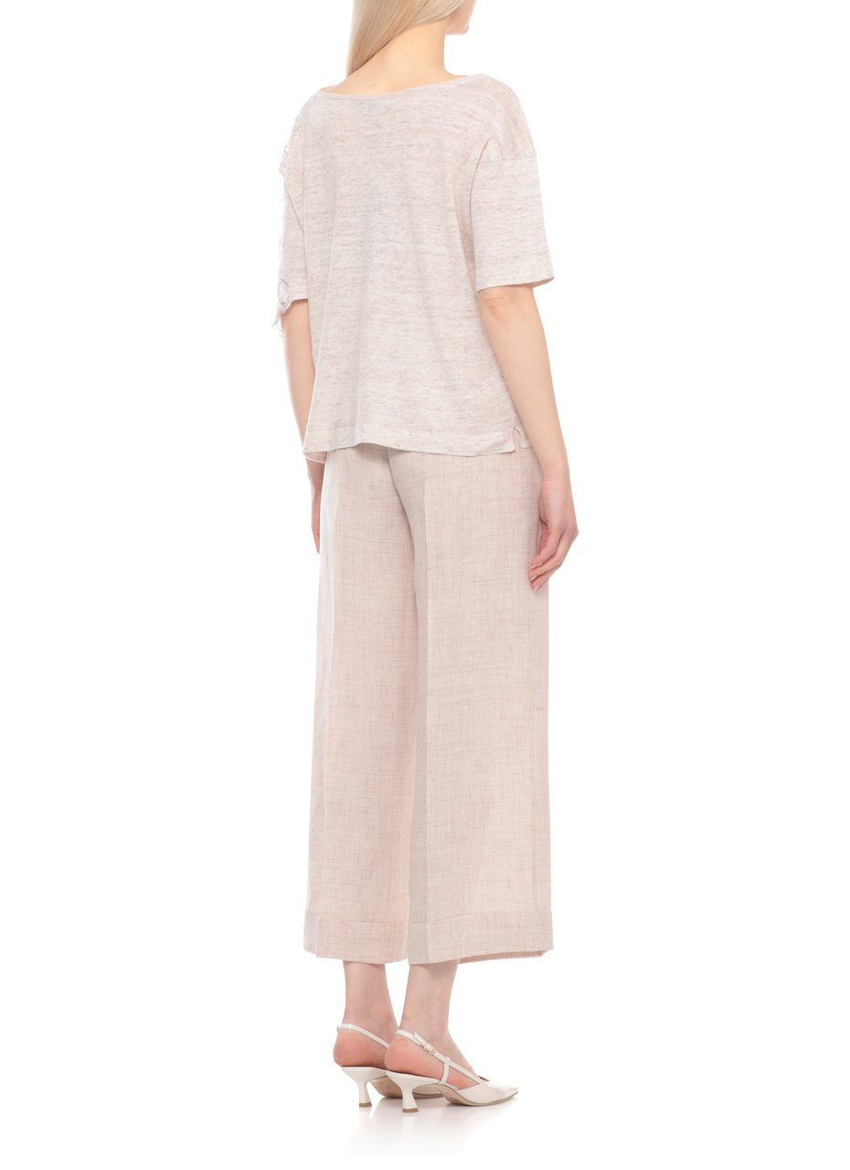 D-Exterior Beige Lace Linen-Blend Round-Neck Top Grijs