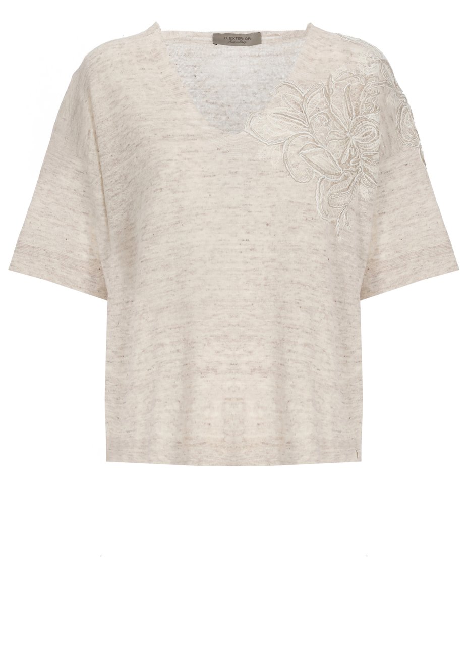 D-Exterior Beige Lace Linen-Blend Round-Neck Top Grijs