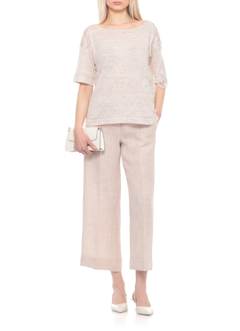 D-Exterior Beige Lace Linen-Blend Round-Neck Top Grijs