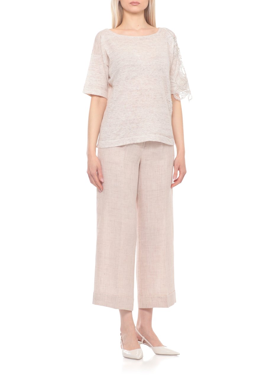 D-Exterior Beige Lace Linen-Blend Round-Neck Top Grijs