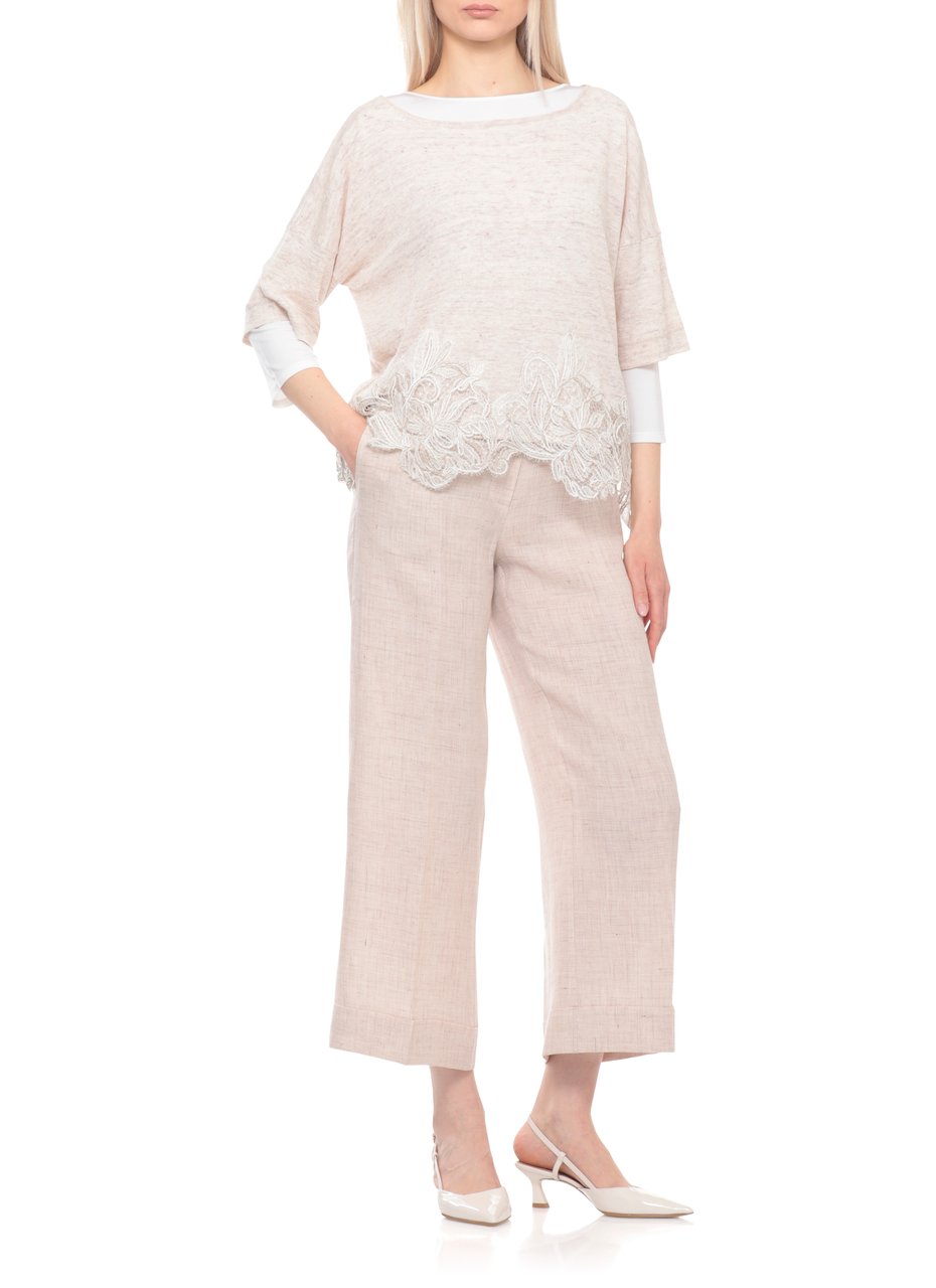 D-Exterior Beige Lace Linen-Blend Hem Short-Sleeved Top Wit