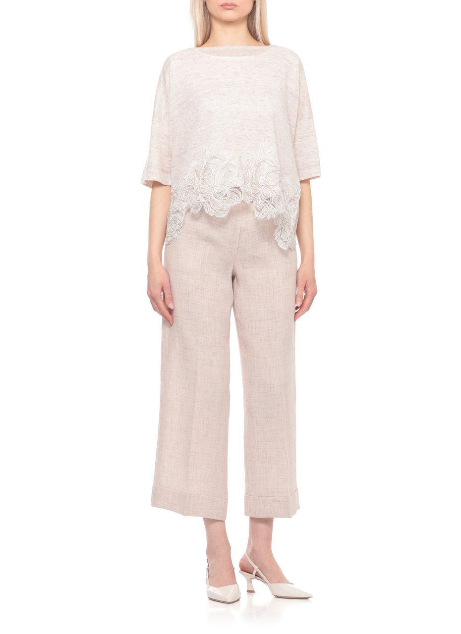 D-Exterior Beige Lace Linen-Blend Hem Short-Sleeved Top Wit