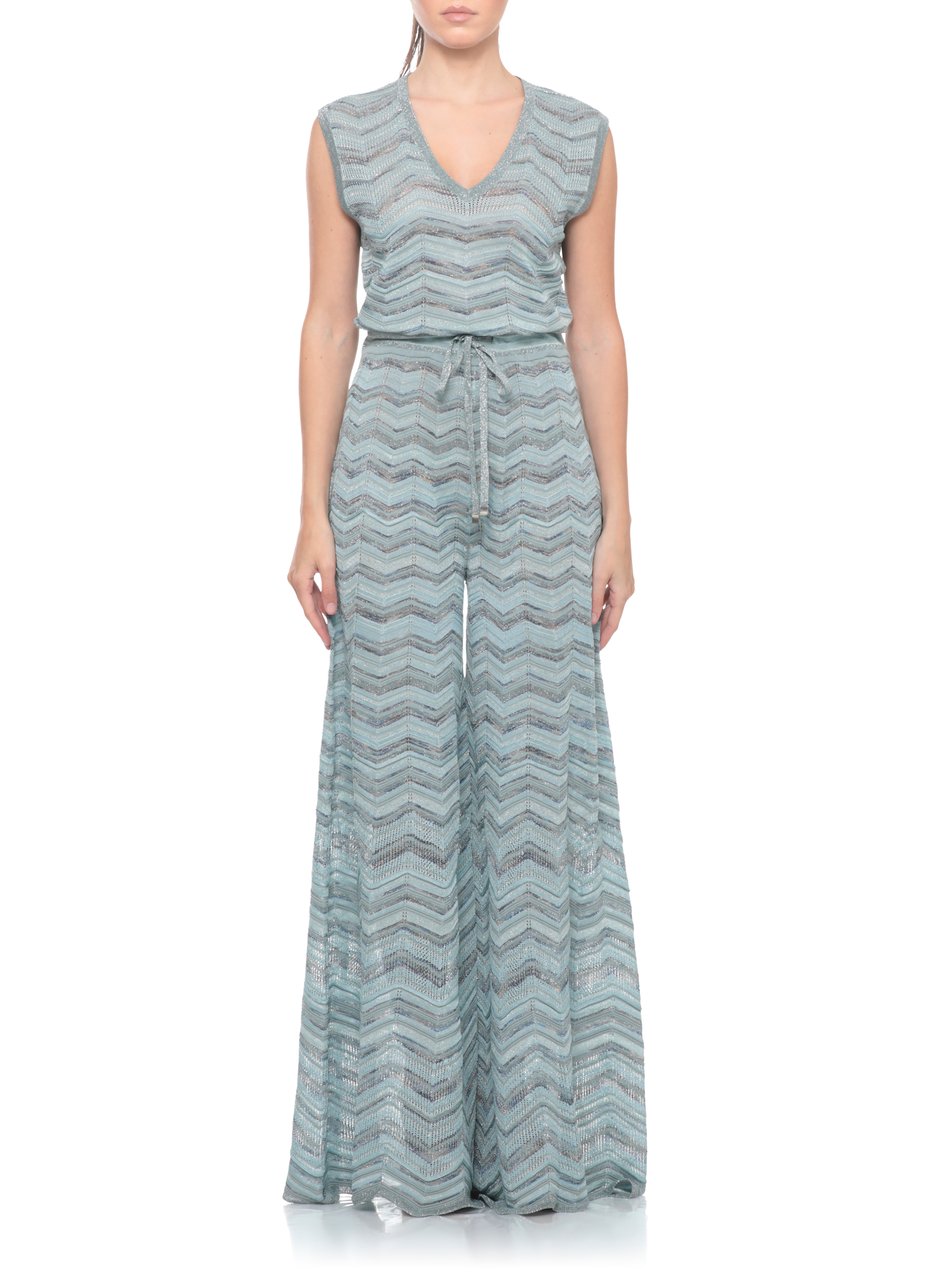 D-Exterior Light Blue Geometric Viscose Jumpsuit With Lurex Accents Blauw