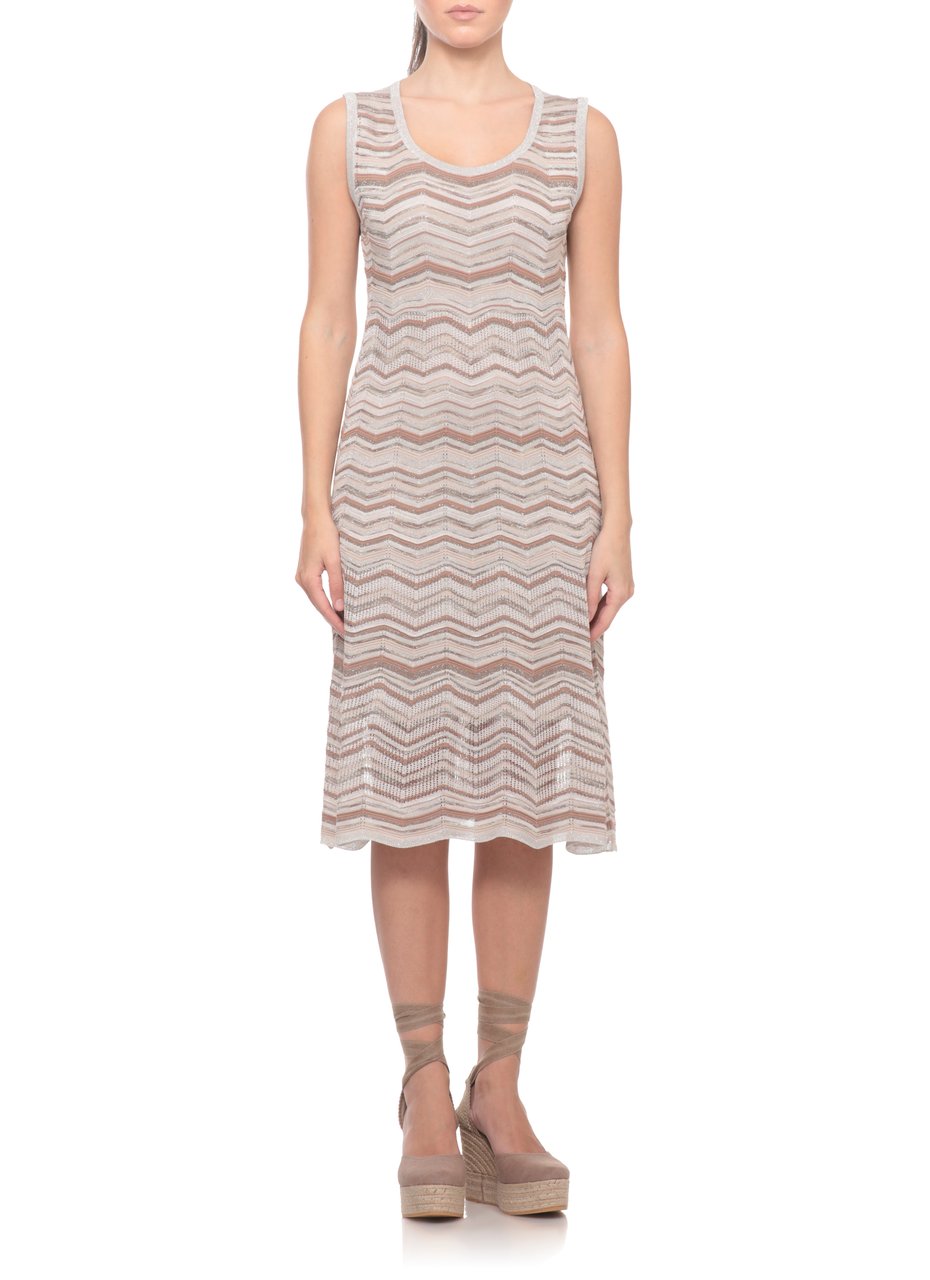 D-Exterior Beige Viscose Midi Dress With Geometric Pattern Grijs