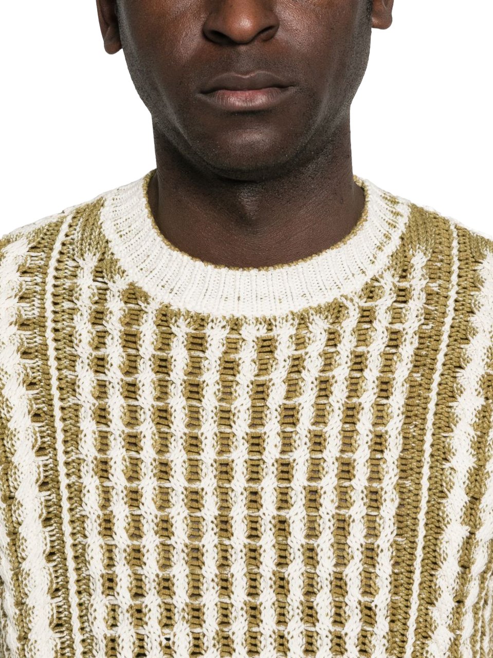 Diesel Textured Knit Sweater With Vertical Stripes In Cream And Olive Tones Neutraal
