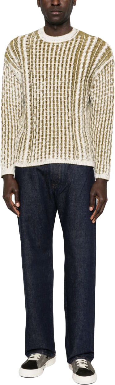 Diesel Textured Knit Sweater With Vertical Stripes In Cream And Olive Tones Neutraal