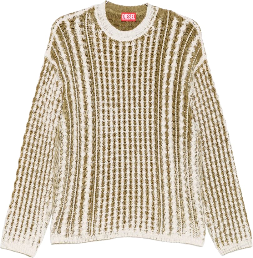 Diesel Textured Knit Sweater With Vertical Stripes In Cream And Olive Tones Neutraal
