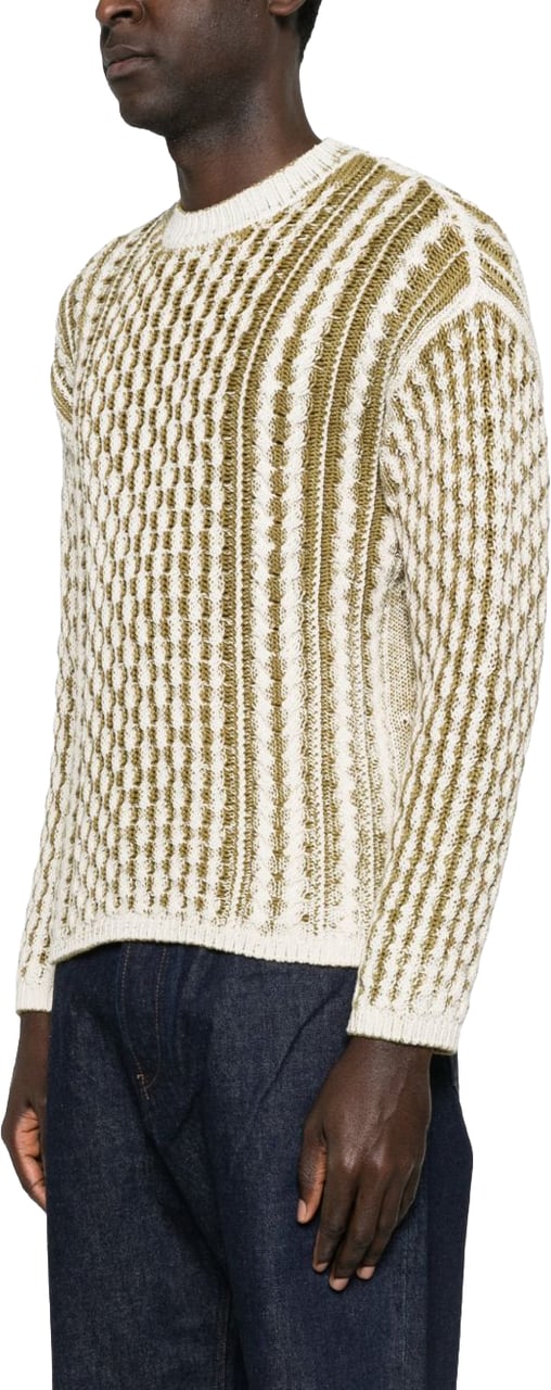 Diesel Textured Knit Sweater With Vertical Stripes In Cream And Olive Tones Neutraal