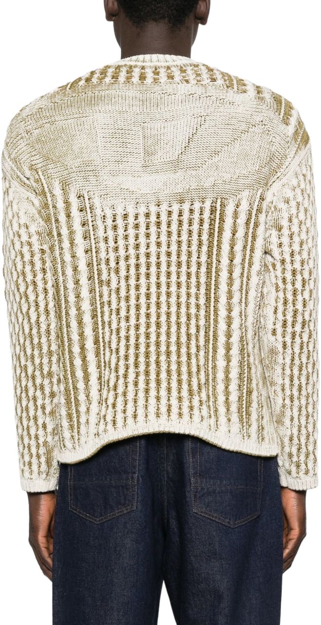 Diesel Textured Knit Sweater With Vertical Stripes In Cream And Olive Tones Neutraal