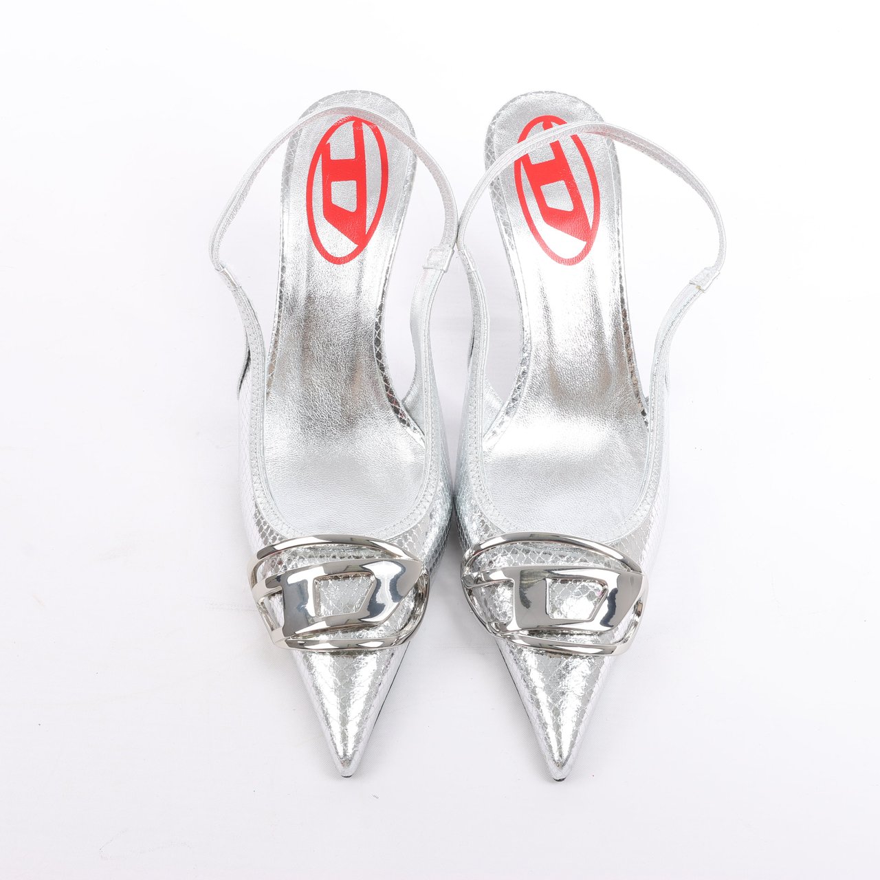 Diesel Diesel D-Venus Patent Embossed Slingback Heels in Silver, Size 37 EU Zilver