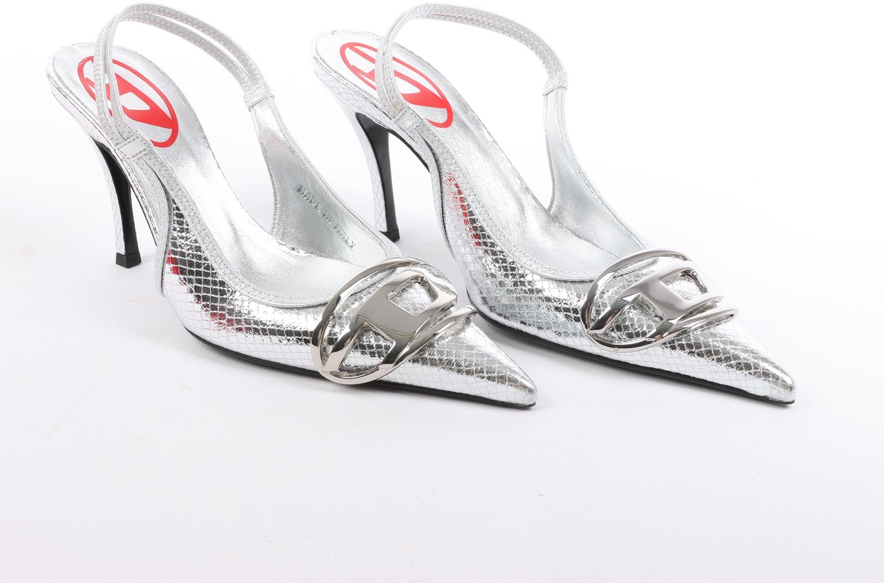 Diesel Diesel D-Venus Patent Embossed Slingback Heels in Silver, Size 37 EU Zilver