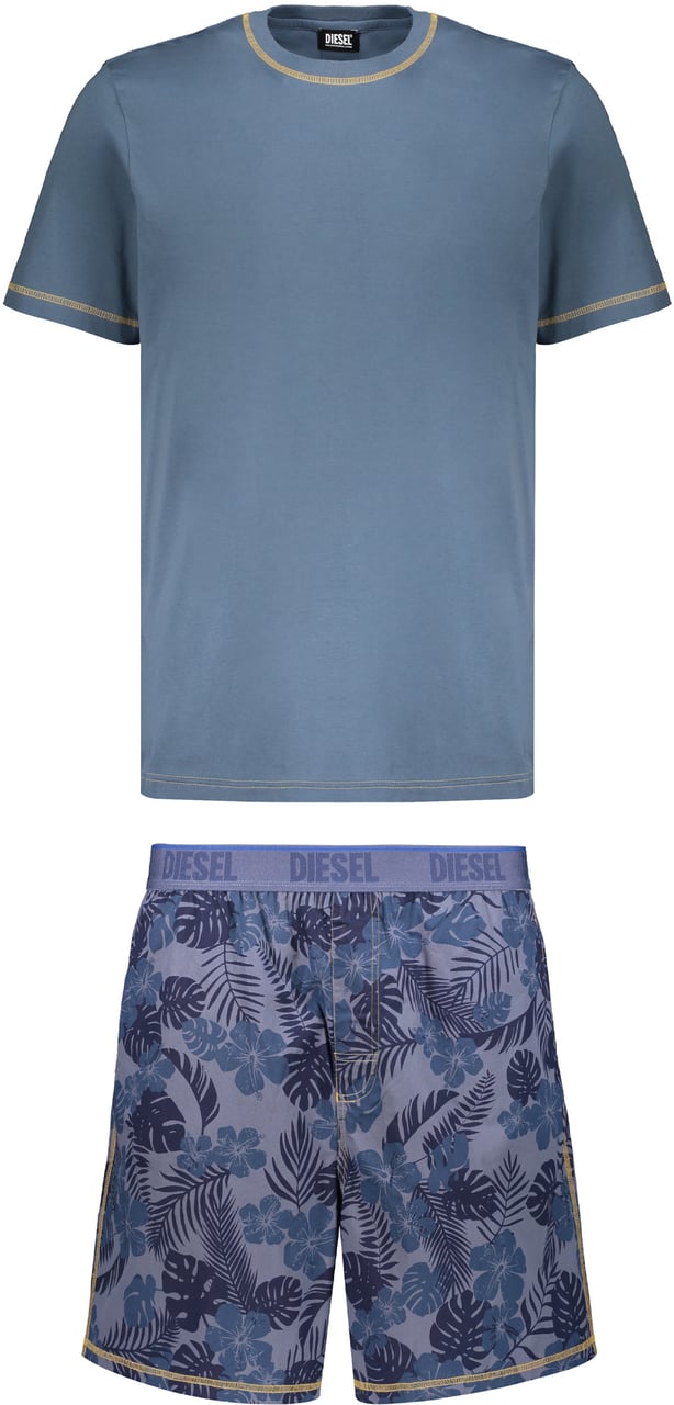Diesel Complete cotton jersey two-piece pajama set with simple T-shirt Blauw