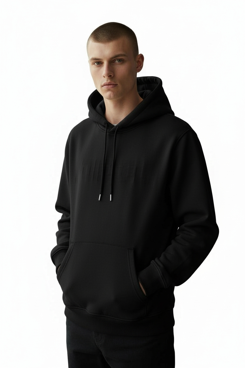 Diesel Solid Black Hoodie with Adjustable Drawstrings Zwart