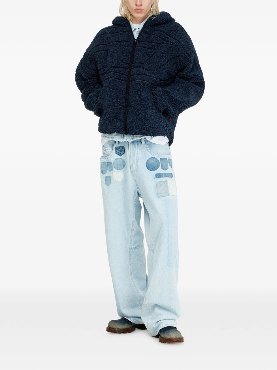 Diesel Plush Hooded Jacket With Textured Fabric And Zip-Up Front Blauw