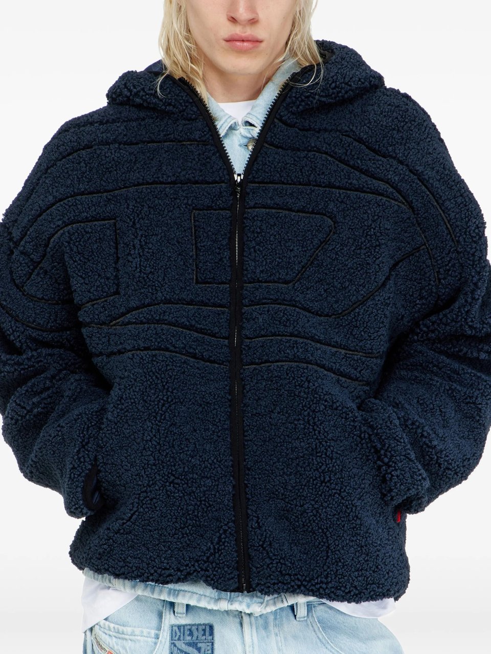 Diesel Plush Hooded Jacket With Textured Fabric And Zip-Up Front Blauw