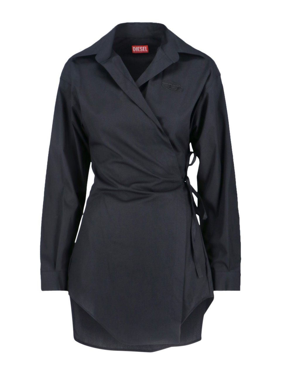 Diesel Asymmetric Wrap Blue Midi Shirt Dress With Tone-On-Tone Embroidery Blauw