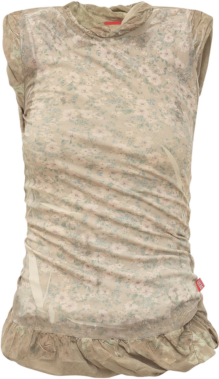 Diesel Top Drappeggiato con Maniche Corte e Stampa Floreale Beige