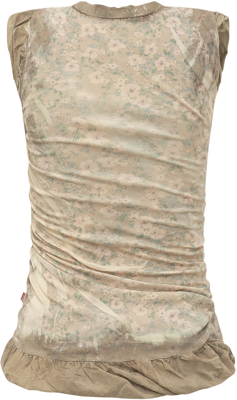 Diesel Top Drappeggiato con Maniche Corte e Stampa Floreale Beige