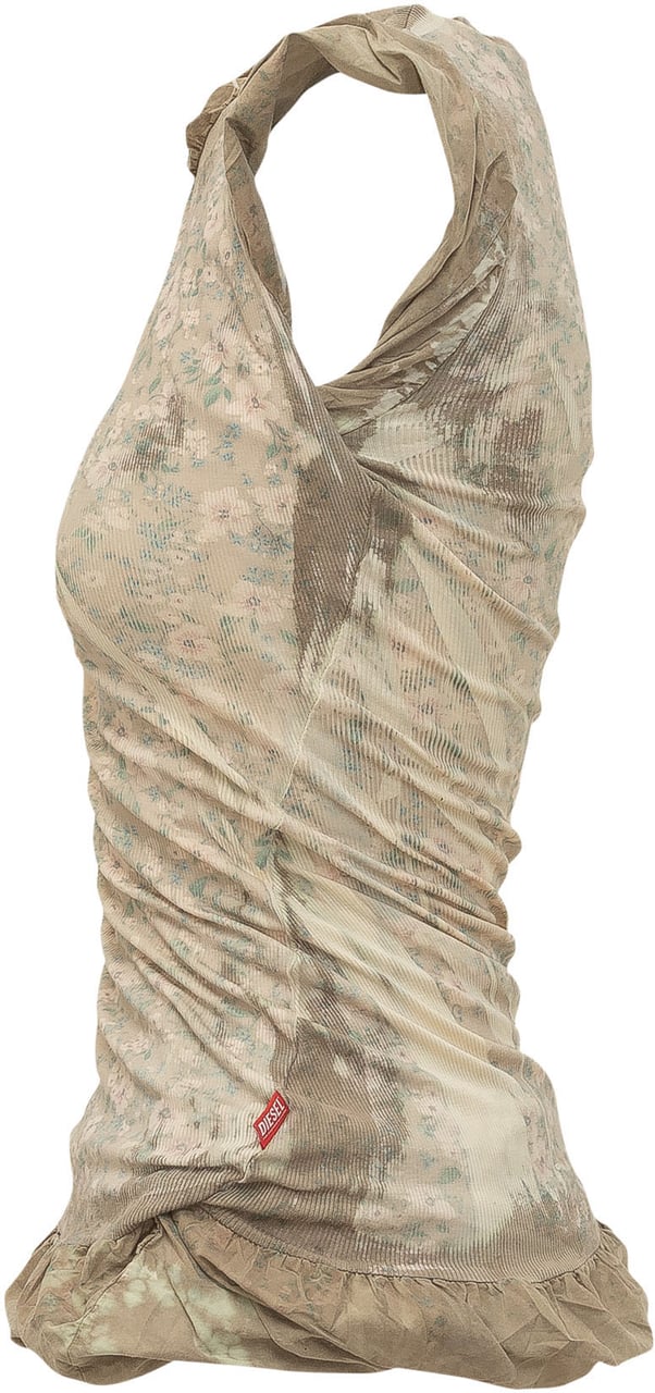 Diesel Top Drappeggiato con Maniche Corte e Stampa Floreale Beige
