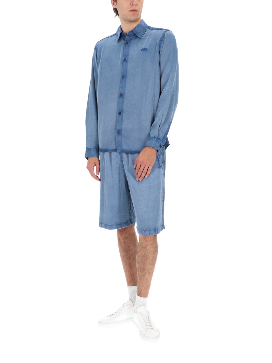 Diesel Washed Blue Viscose Embroidered Shirt Blauw
