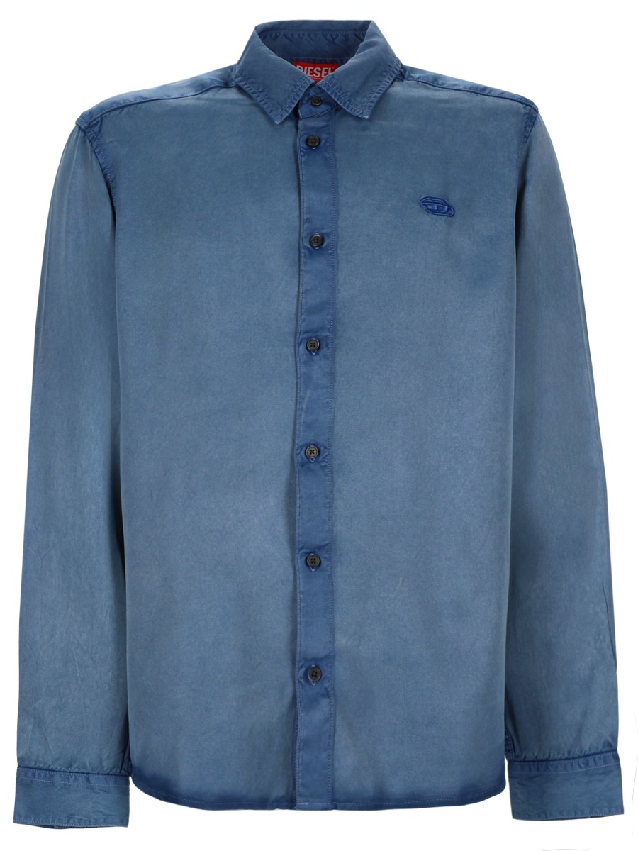 Diesel Washed Blue Viscose Embroidered Shirt Blauw