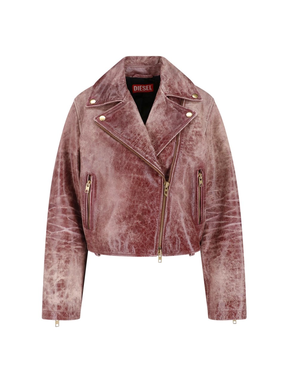 Diesel Cropped Biker Jacket in Cracked Calf Leather Bruin