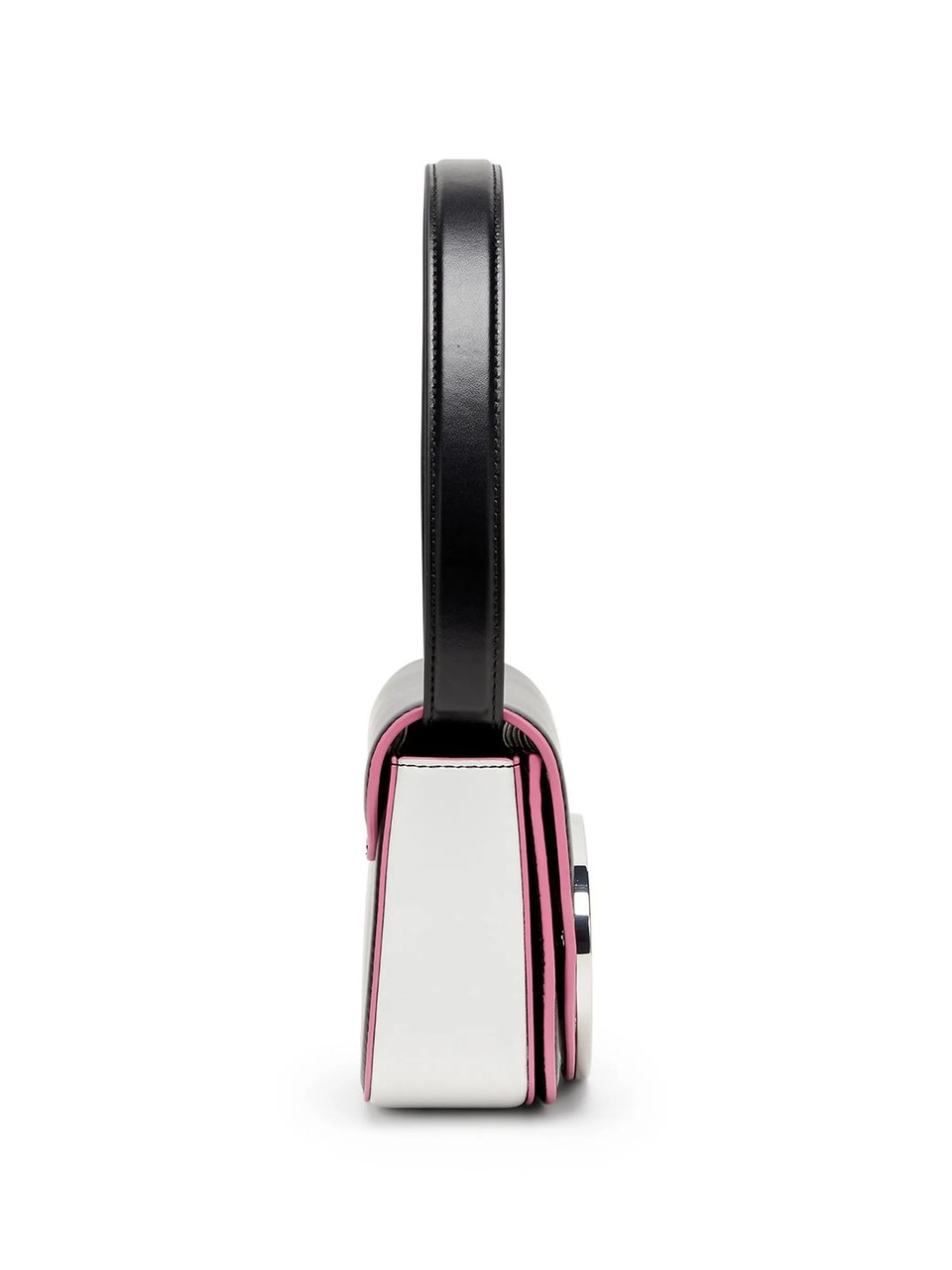 Diesel Rectangular Black Shoulder Bag With Silver Emblem And Pink Accents Roze