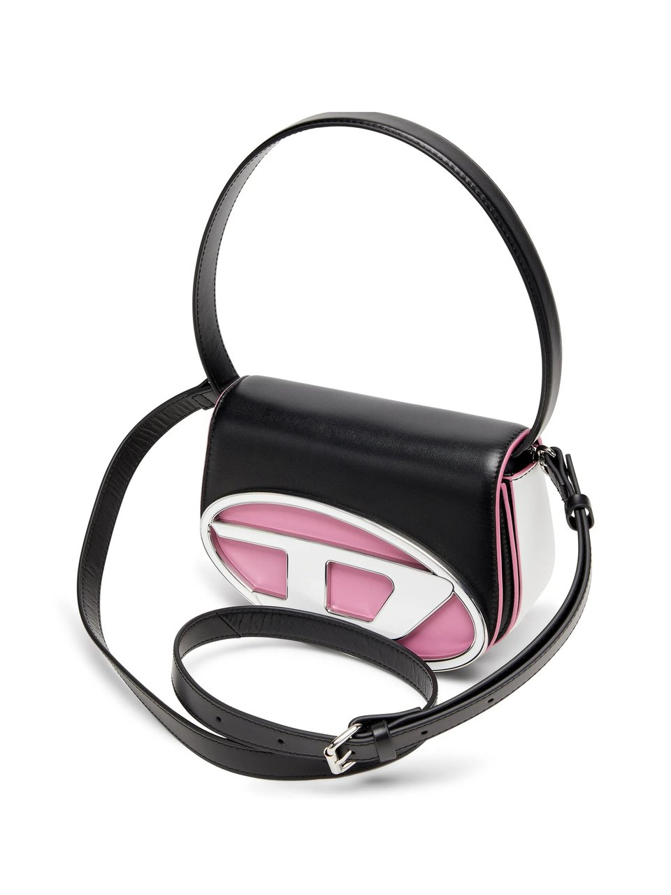 Diesel Rectangular Black Shoulder Bag With Silver Emblem And Pink Accents Roze