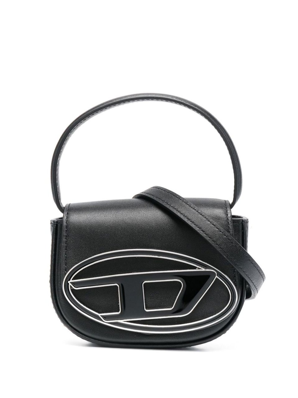 Diesel Compact Black Leather Crossbody Bag With Oval Logo Zwart