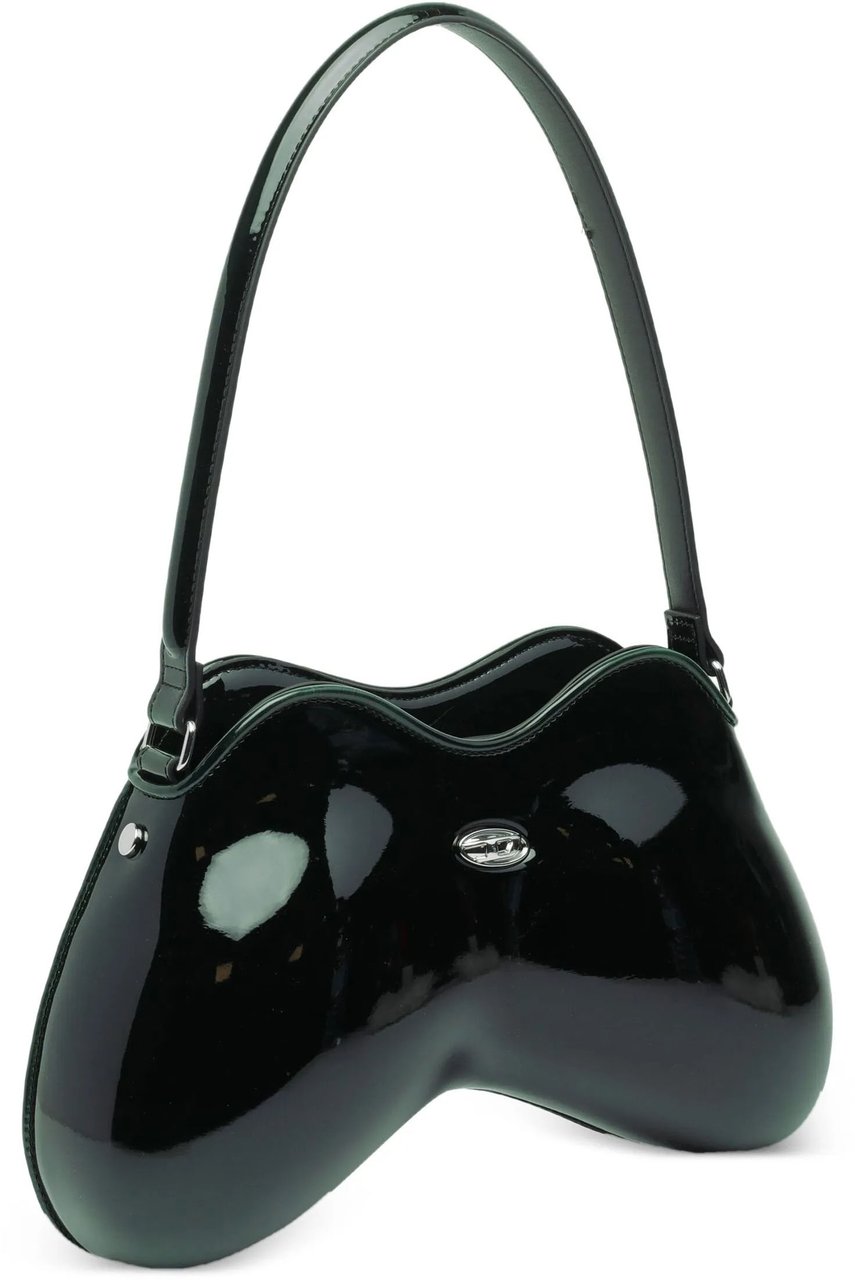 Diesel Black Play Double-D Curved Patent Handbag Zwart