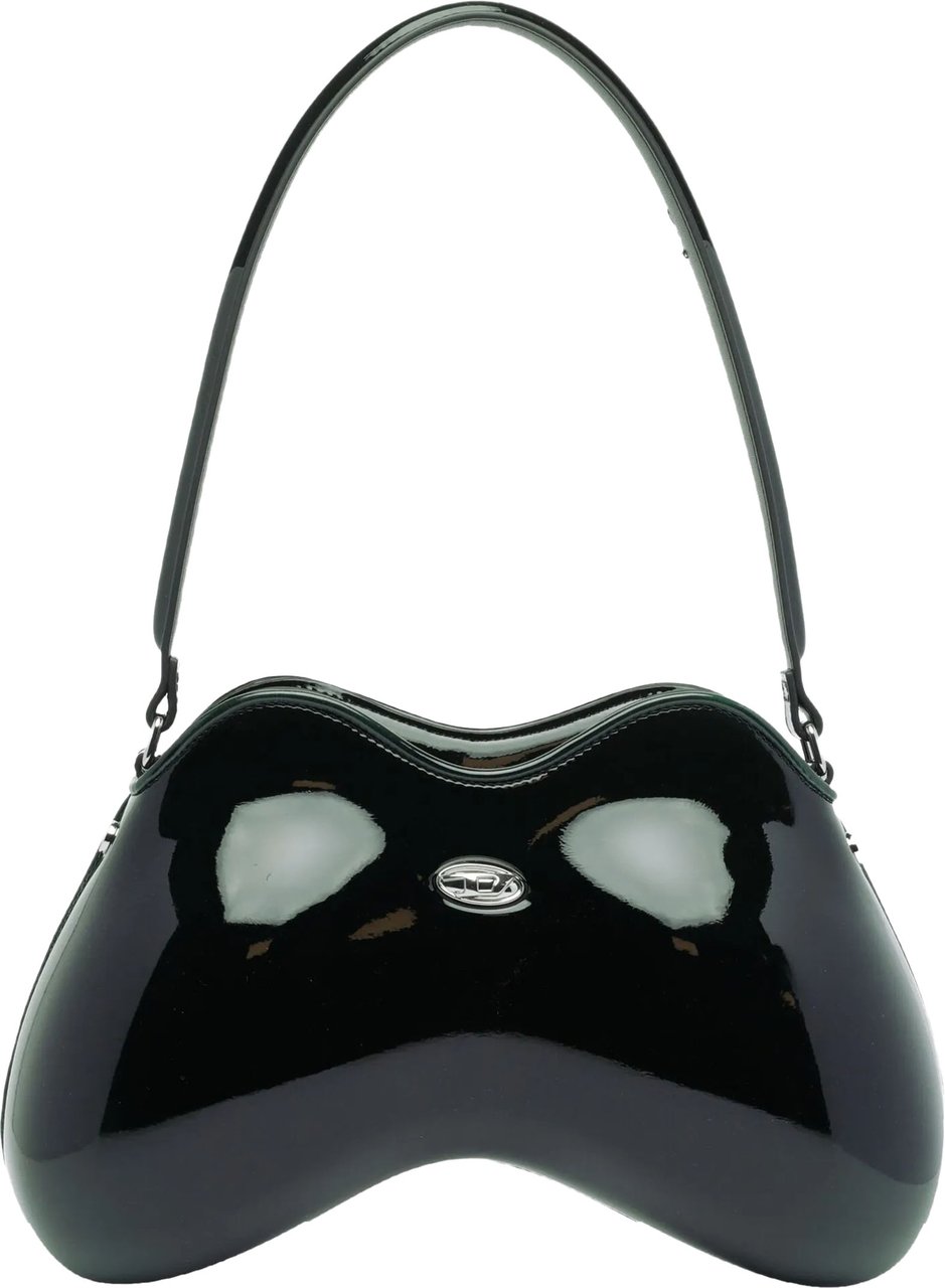 Diesel Black Play Double-D Curved Patent Handbag Zwart
