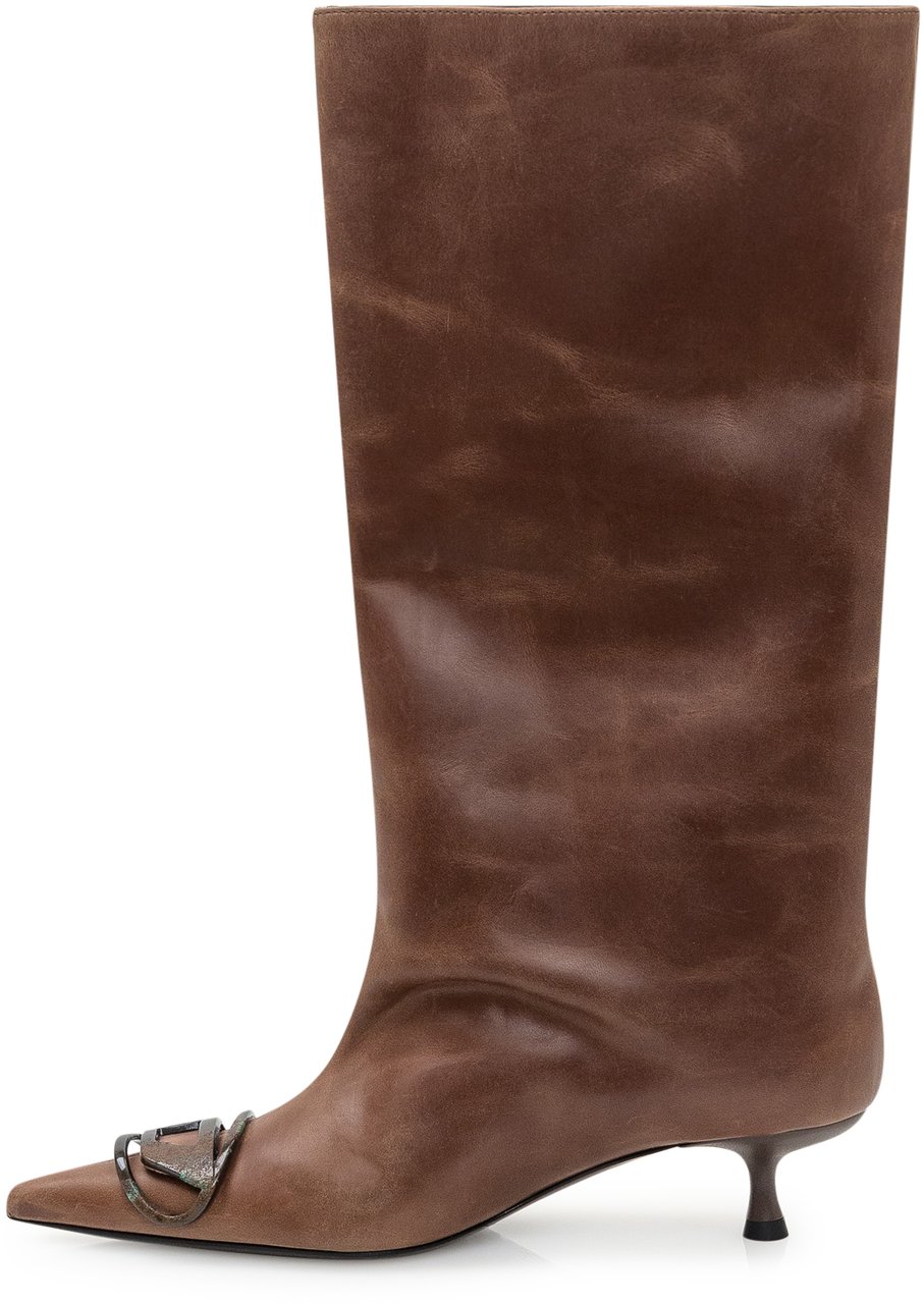 Diesel Diesel Stivali Alti in Pelle Marrone con Tacco Kitten e Punta a Punta Bruin