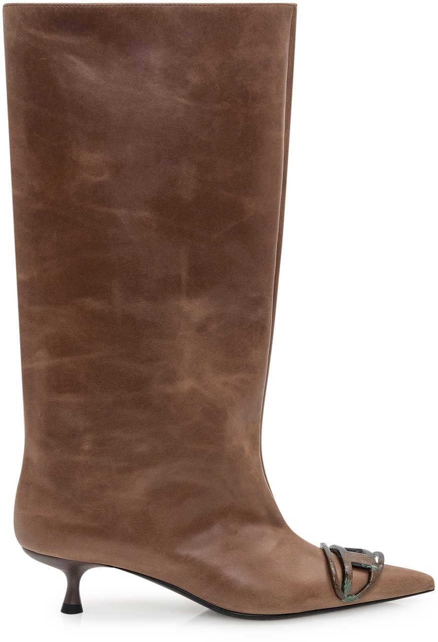 Diesel Diesel Stivali Alti in Pelle Marrone con Tacco Kitten e Punta a Punta Bruin