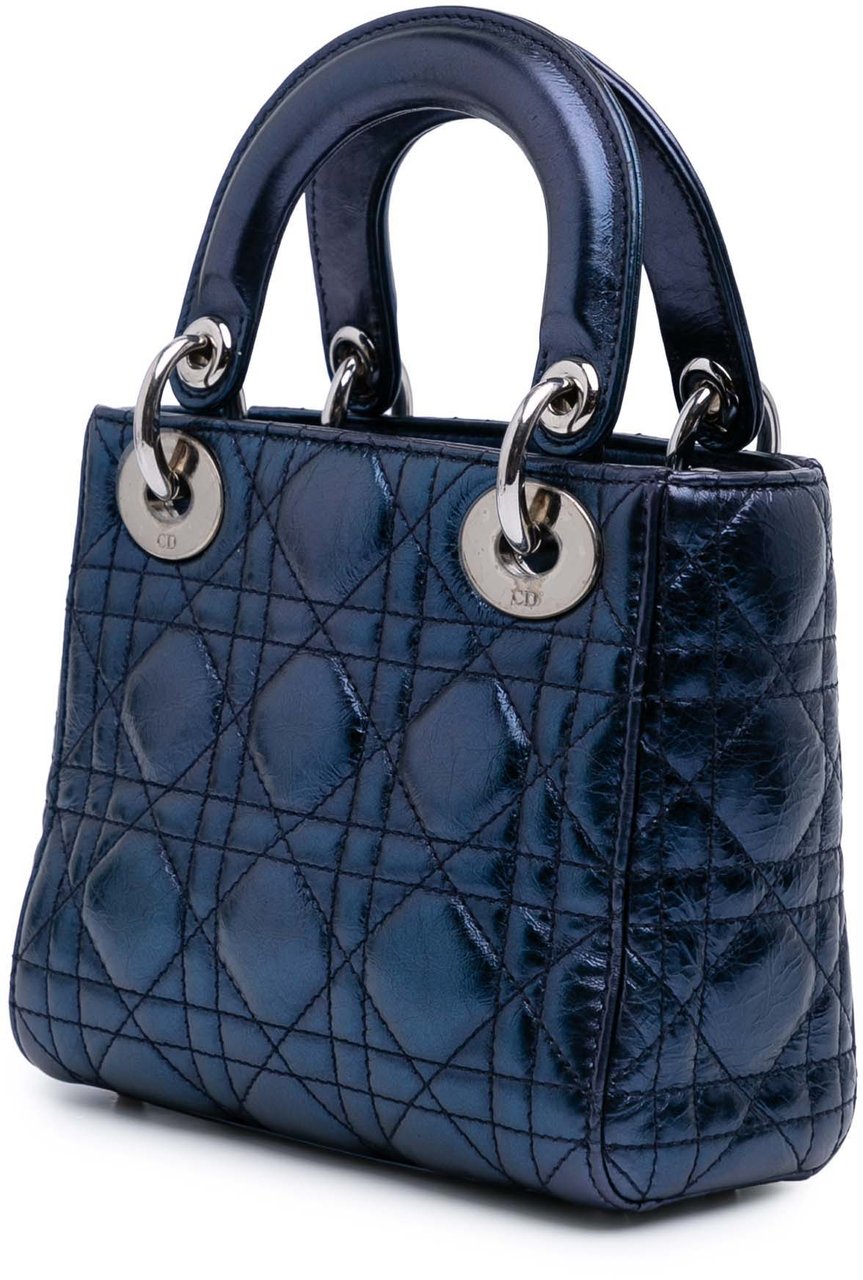 Dior Mini Metallic Calfskin Cannage Lady Dior Blauw