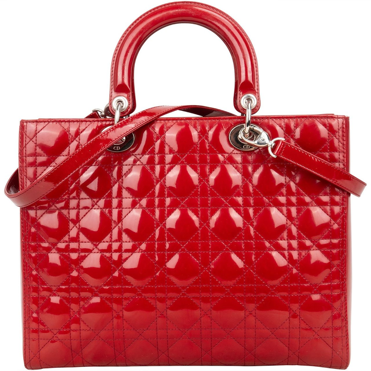 Dior Christian Dior Quilted Patent Leather Lady Dior Handbag Rood