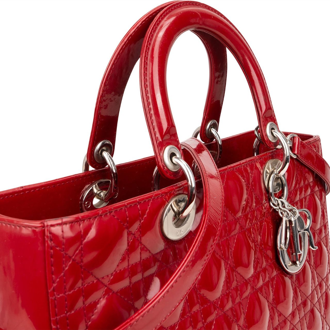 Dior Christian Dior Quilted Patent Leather Lady Dior Handbag Rood