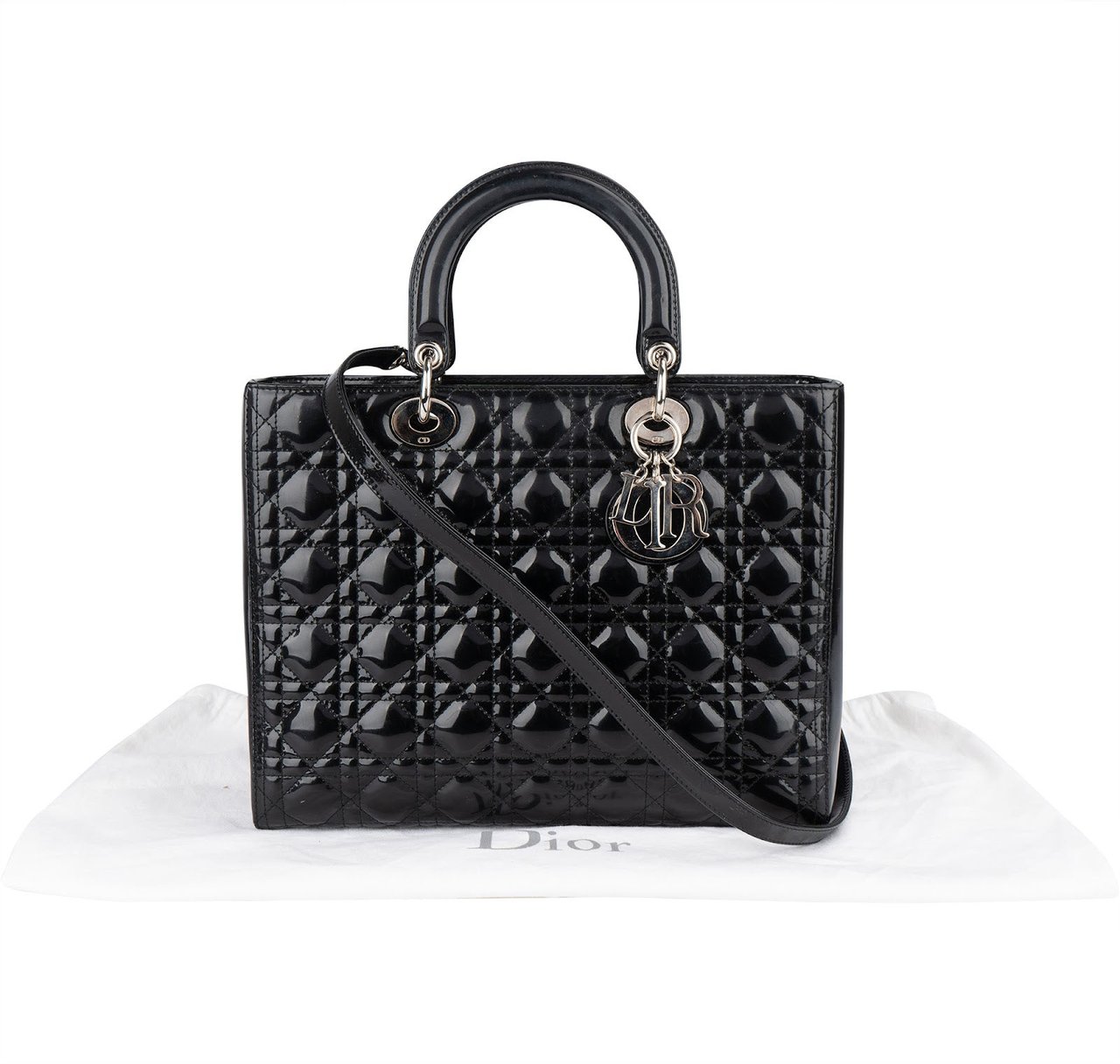 Dior Christian Dior Quilted Patent Leather Lady Dior Handbag Zwart