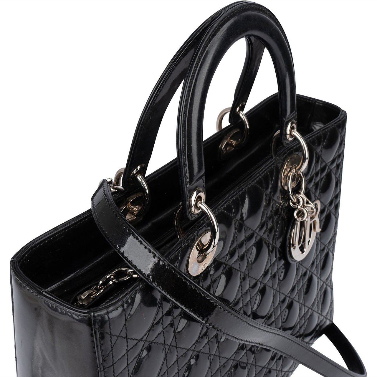 Dior Christian Dior Quilted Patent Leather Lady Dior Handbag Zwart