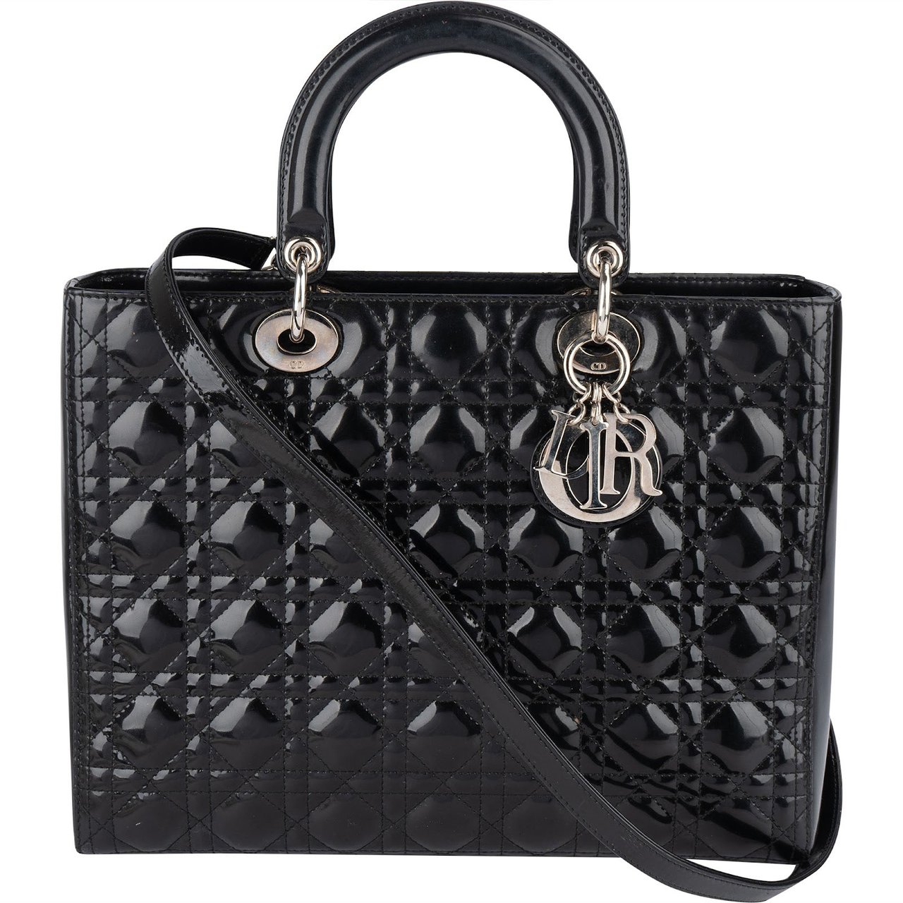 Dior Christian Dior Quilted Patent Leather Lady Dior Handbag Zwart