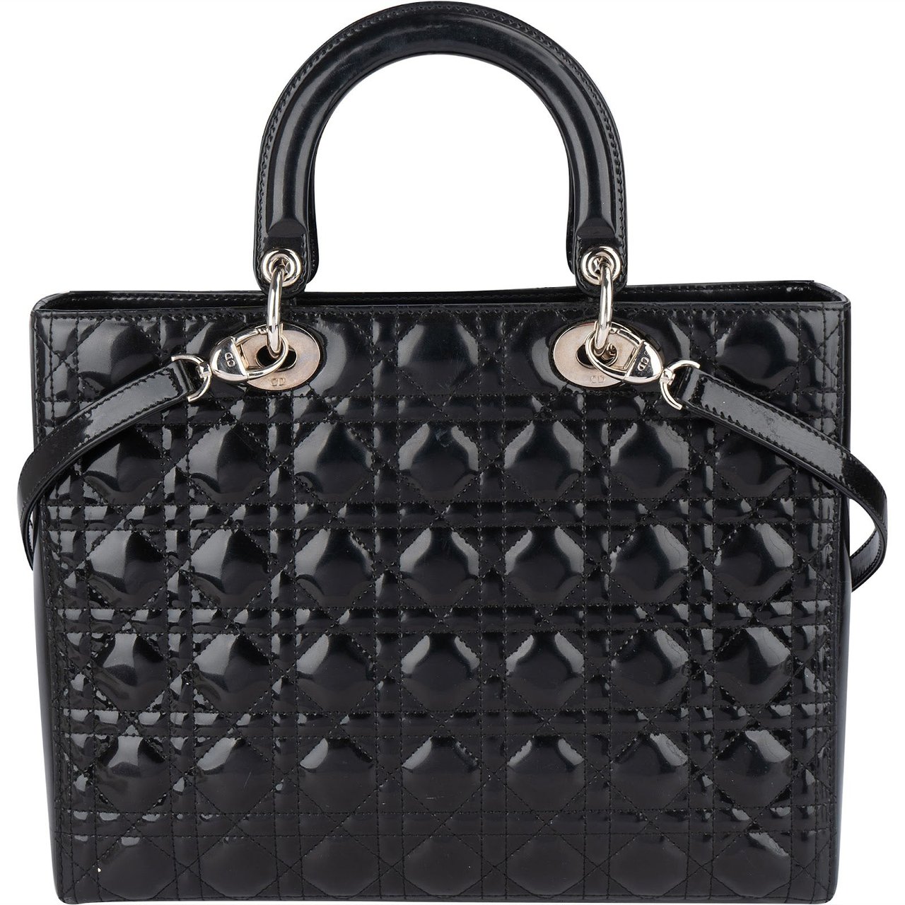 Dior Christian Dior Quilted Patent Leather Lady Dior Handbag Zwart