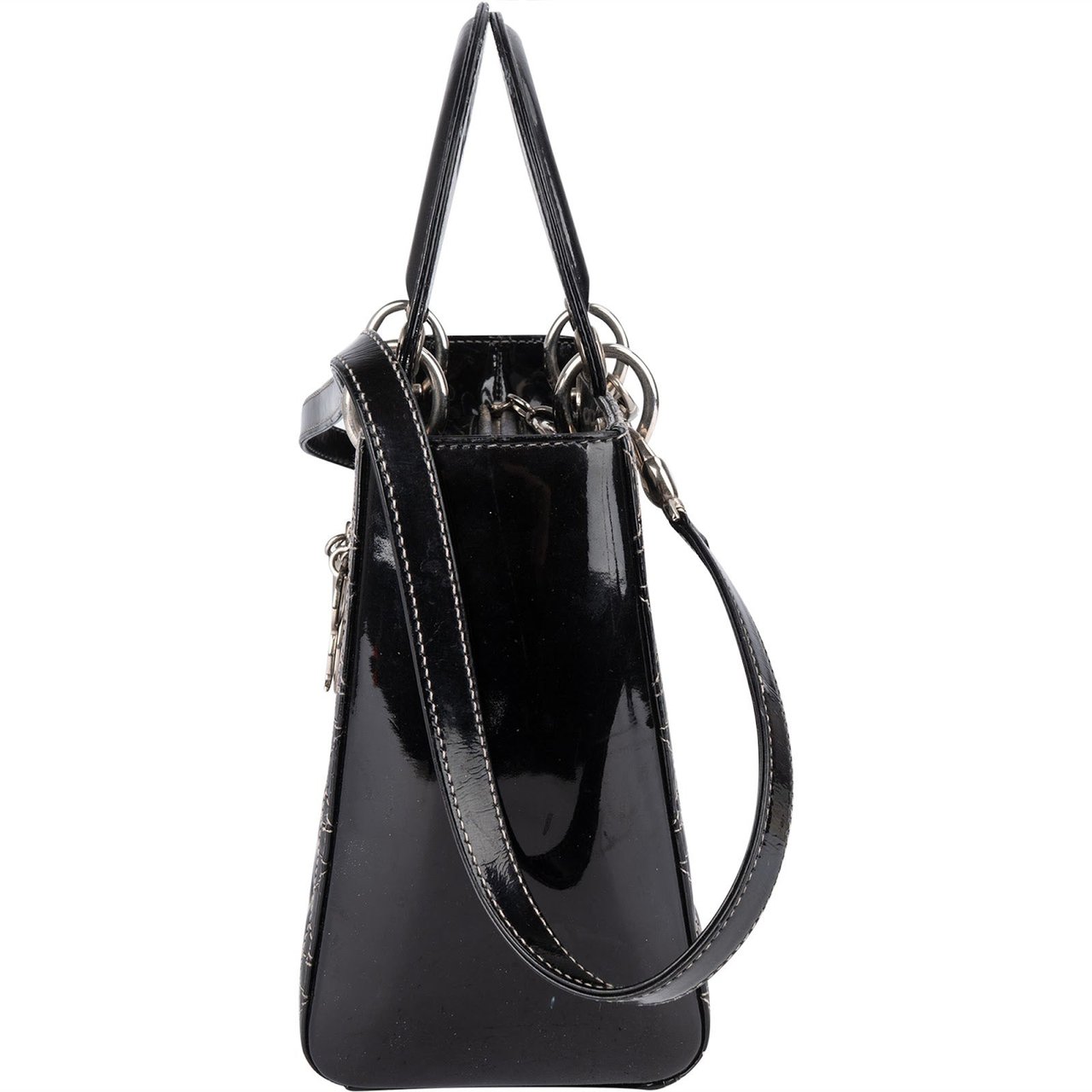 Dior Christian Dior Quilted Patent Leather Lady Dior Handbag Zwart