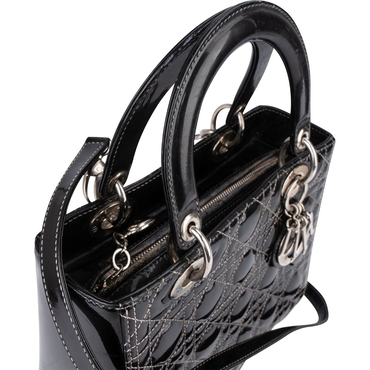 Dior Christian Dior Quilted Patent Leather Lady Dior Handbag Zwart